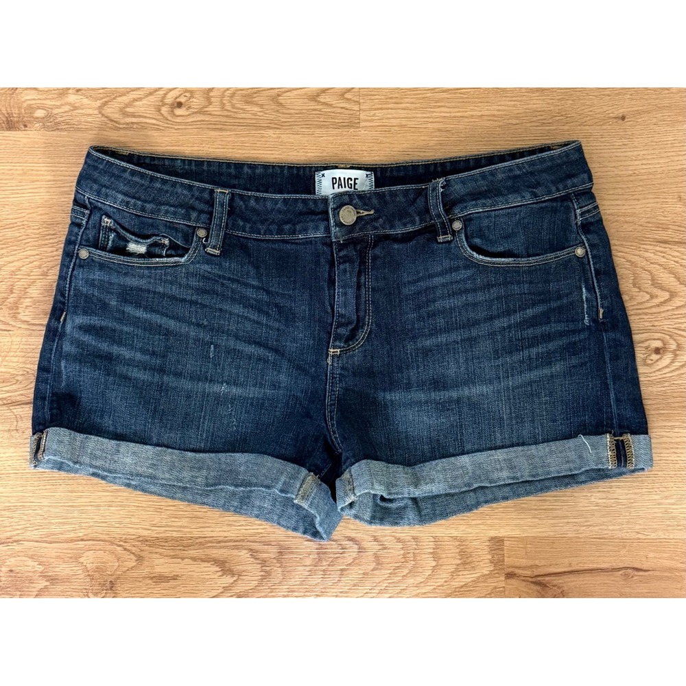 PAIGE Women's Dark Wash Cuffed Denim Jimmy Shorts Distressed Mid Rise Size 31